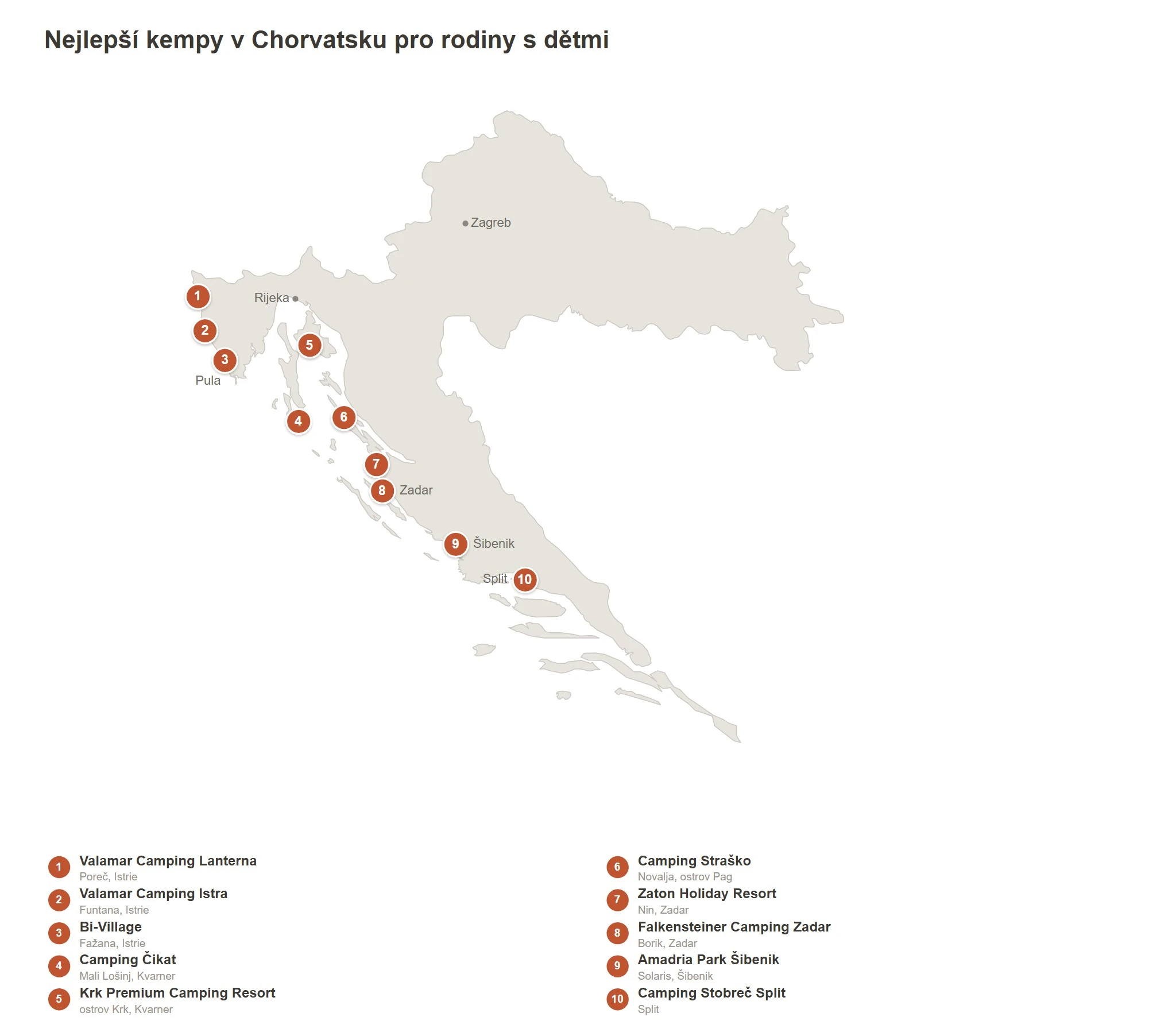 Mapa s tipy na chorvatské kempy pro rodiny