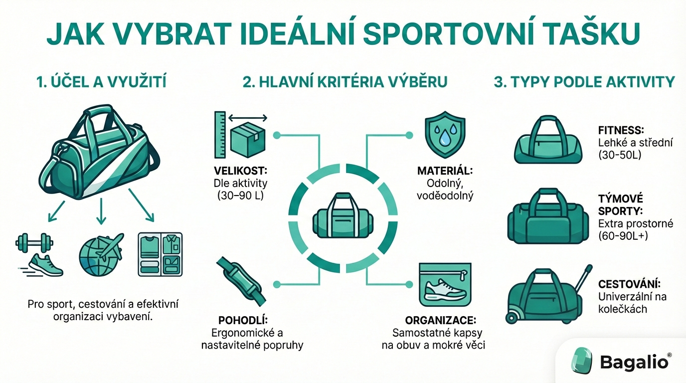 Infografika: Jak vybrat ideální sportovní tašku podle účelu, velikosti a materiálu.